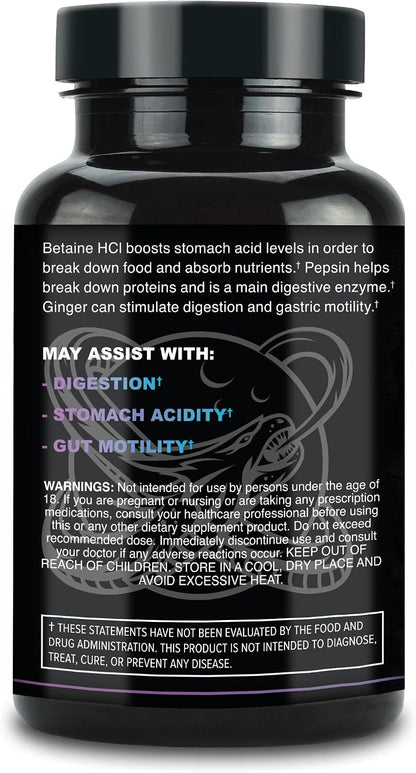Leviathan Betaine HCl with Pepsin & Ginger - Digestive Enzymes Supplement for Digestion Aid & Support, Stomach Acid & Nutrient Absorption