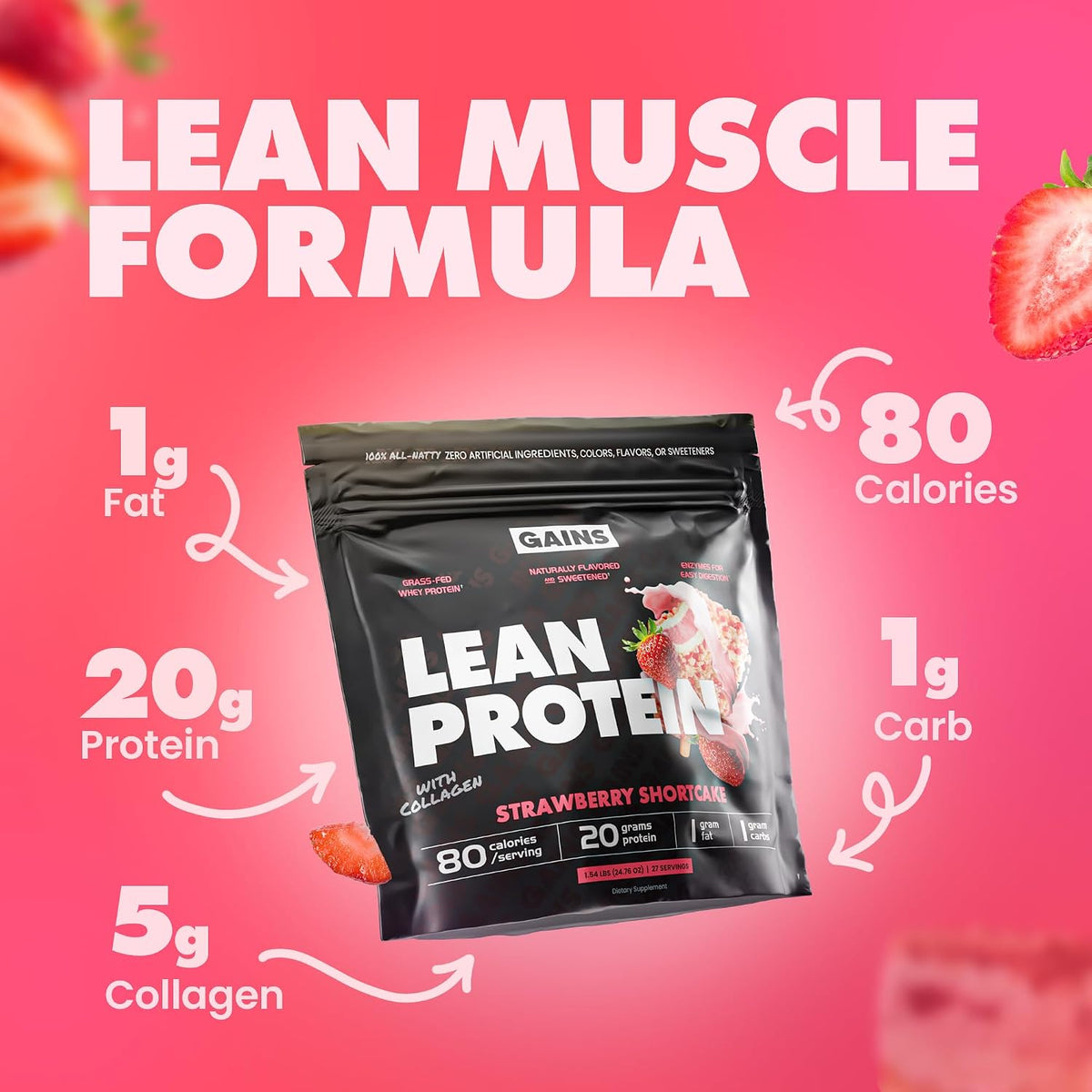 Gains in Bulk Lean Protein Powder with 20g Protein, Strawberry, 27 Servings