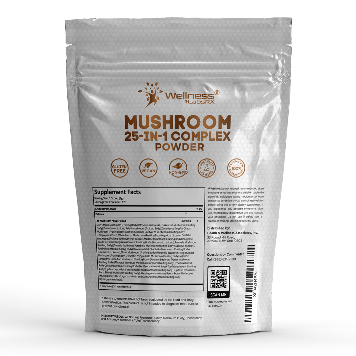 WELLNESS LABSRX Mushroom Powder, 25 in 1 Mushrooms Supplement - 2000mg, 25 Superfood Mishroom Lions Mane Powder with Chaga, Shiitake, Cordyceps, Reishi - Lion's Mane Mushroom - 120 Servings