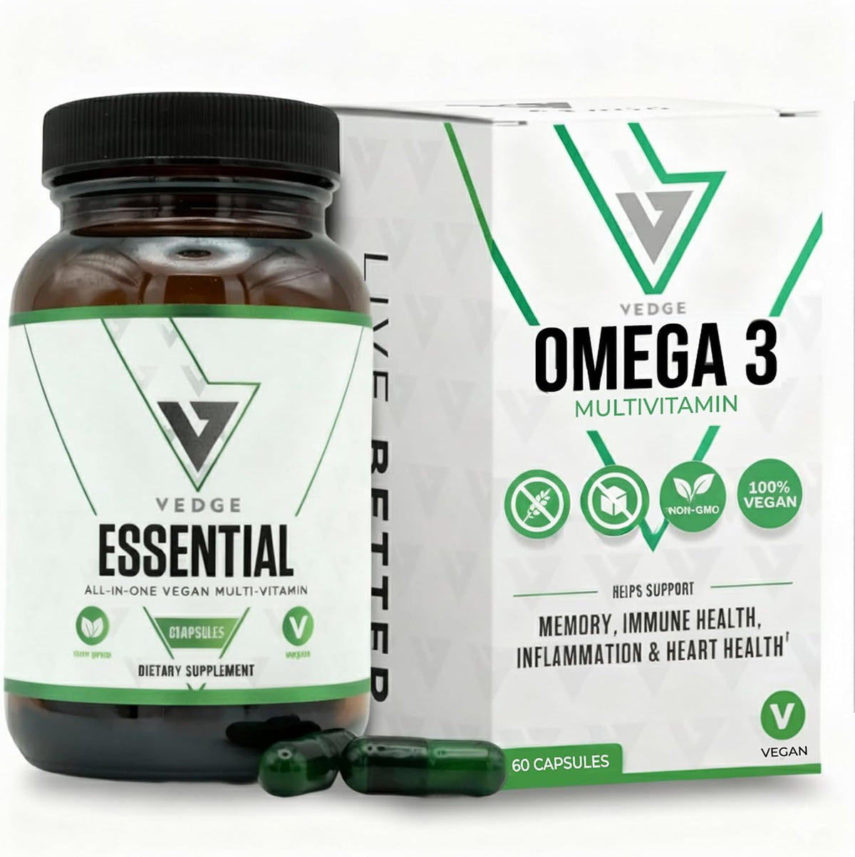 VEDGE Vegan Omega 3 Supplement, Vegan Multivitamin, Women and Men, 30 Day | Omega 3, Plant Based Algal EPA And DHA With Vitamin D3, B12, K2, Magnesium, Zinc, Selenium, Vitamin Supplements, Daily Supply