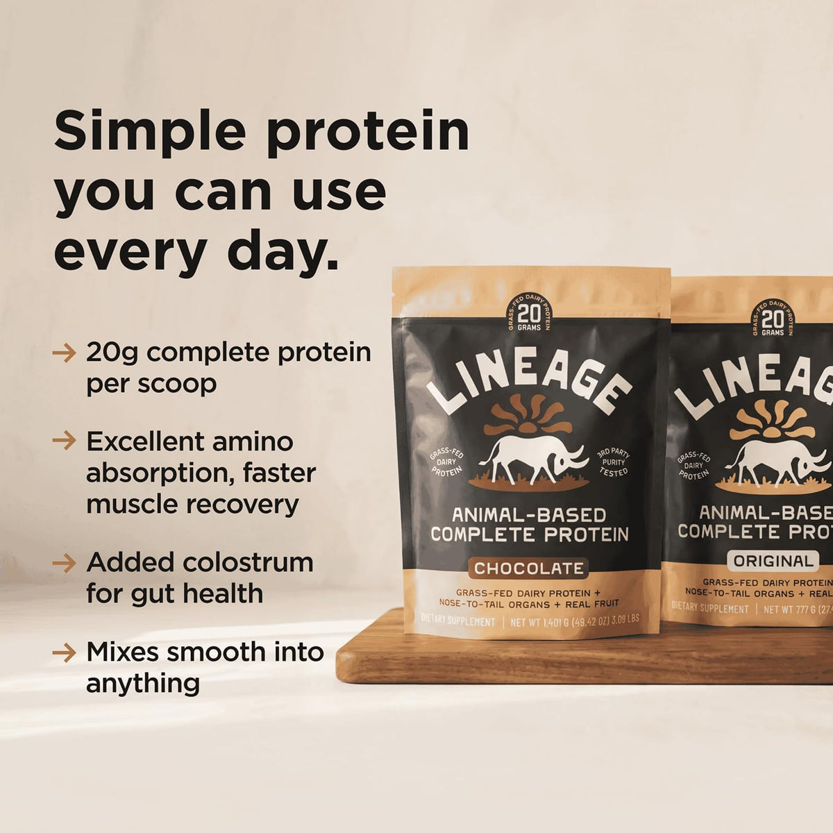 Lineage Provisions Chocolate Whey Protein Powder, 3.09 lbs | 20g complete grass-fed protein with organs, colostrum & fruit. No gums, fillers or artificial sweeteners.