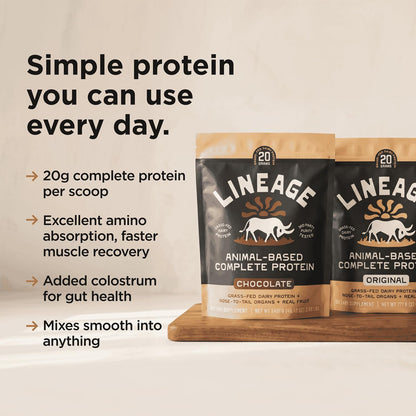 Lineage Provisions Chocolate Whey Protein Powder, 3.09 lbs | 20g complete grass-fed protein with organs, colostrum & fruit. No gums, fillers or artificial sweeteners.