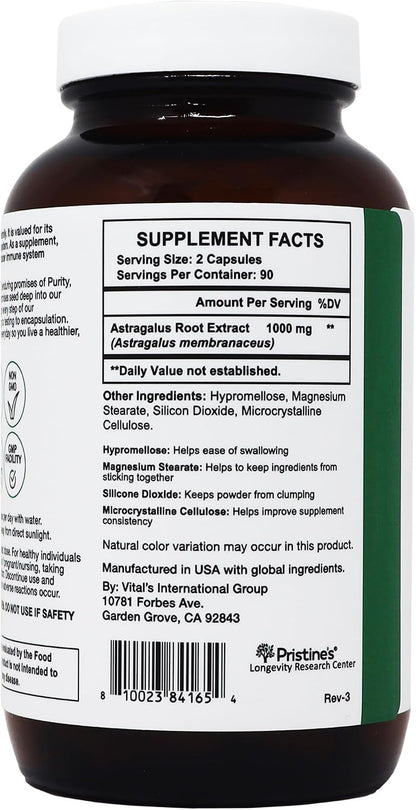 PRISTINE'S Astragalus Root 1000mg Capsules, Adaptogen, Vegan, 90 Day Supply | Lung health support from an herbal adaptogen used in Traditional Chinese medicine. 90 day supply, vegan, non-GMO, gluten-free