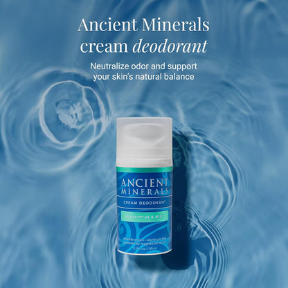Ancient Minerals Deodorant Cream, Aluminum-Free, Eucalyptus & Mint, 2oz | Magnesium, zinc & vitamin E. Vegan, 24-hour odor protection, Eucalyptus & Mint scent. 2 oz.