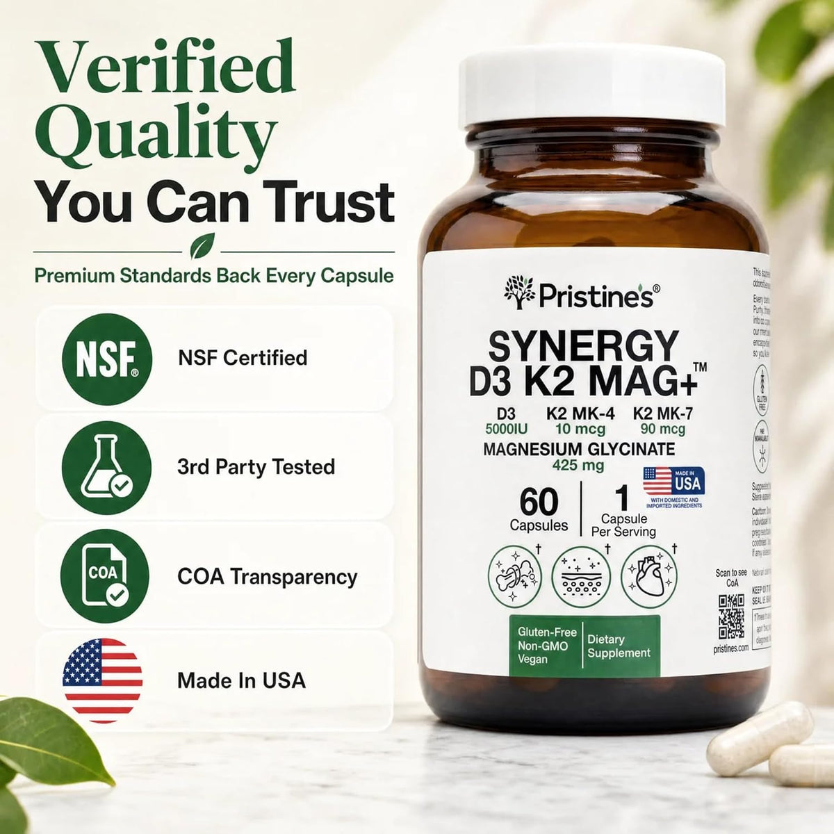 Pristine's NSF Certified Vitamin D3 K2 5000 IU with Magnesium, 60 Caps | Two forms of K2, MK-4 and MK-7, plus apigenin, L-theanine and magnesium glycinate. Non-GMO, gluten-free, NSF Certified.