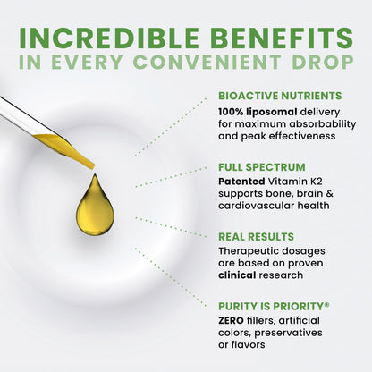 Pure Therapro Rx Ultimate K2 Supplement | Liquid Liposomal Vitamin K2 Drops | 90 Servings | 600mcg Vegan K2 as MK4 & MenaQ7 MK7 | Supports Bone Health, Heart Health, Skin & Hair | 10 mL