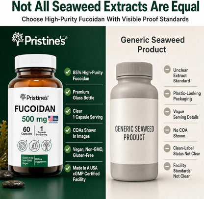 PRISTINE'S Fucoidan 500mg Brown Seaweed Extract Capsules, Vegan, 60 Count | Marine wellness support from brown seaweed extract. 60 count glass bottle, vegan, non-GMO, gluten-free, third-party tested