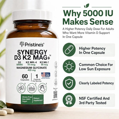 Pristine's NSF Certified Vitamin D3 K2 5000 IU with Magnesium, 60 Caps | Two forms of K2, MK-4 and MK-7, plus apigenin, L-theanine and magnesium glycinate. Non-GMO, gluten-free, NSF Certified.