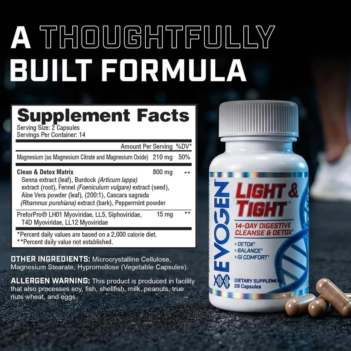 Evogen Light & Tight 14-Day Colon Cleanse & Detox | 28 Capsules | PreforPro prebiotic to flush waste, reduce bloating and support a lean midsection, gut and immune health