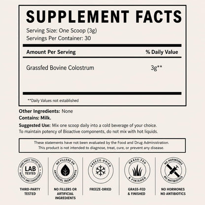 Primal Being Grassfed Beef Colostrum - Supports Immune Function, Gut Health, Hair, Anti-Aging, Athletic Performance, Recovery - 90 Grams unflavored Powder, 3000 mg per Serving