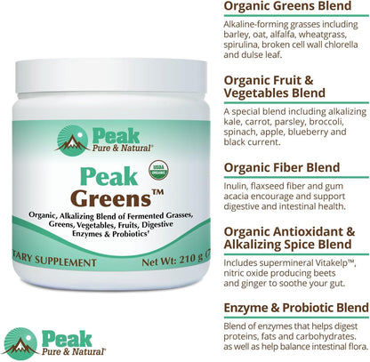 Peak Pure & Natural Peak Greens Support pH Balance and Alkalinity | Superfood Green Drink Powder | Blend of Fermented Grass, Vegetable, & Fruit | Digestive Enzyme & Probiotic Powder