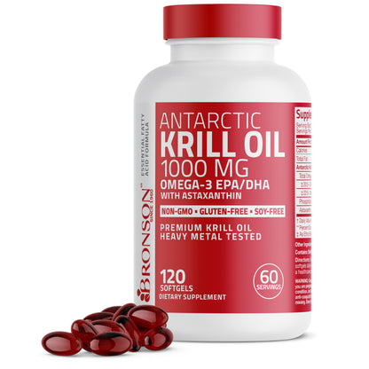 Bronson Antarctic Krill Oil 1000 mg with Omega-3s EPA, DHA, Astaxanthin and Phospholipids 120 Softgels