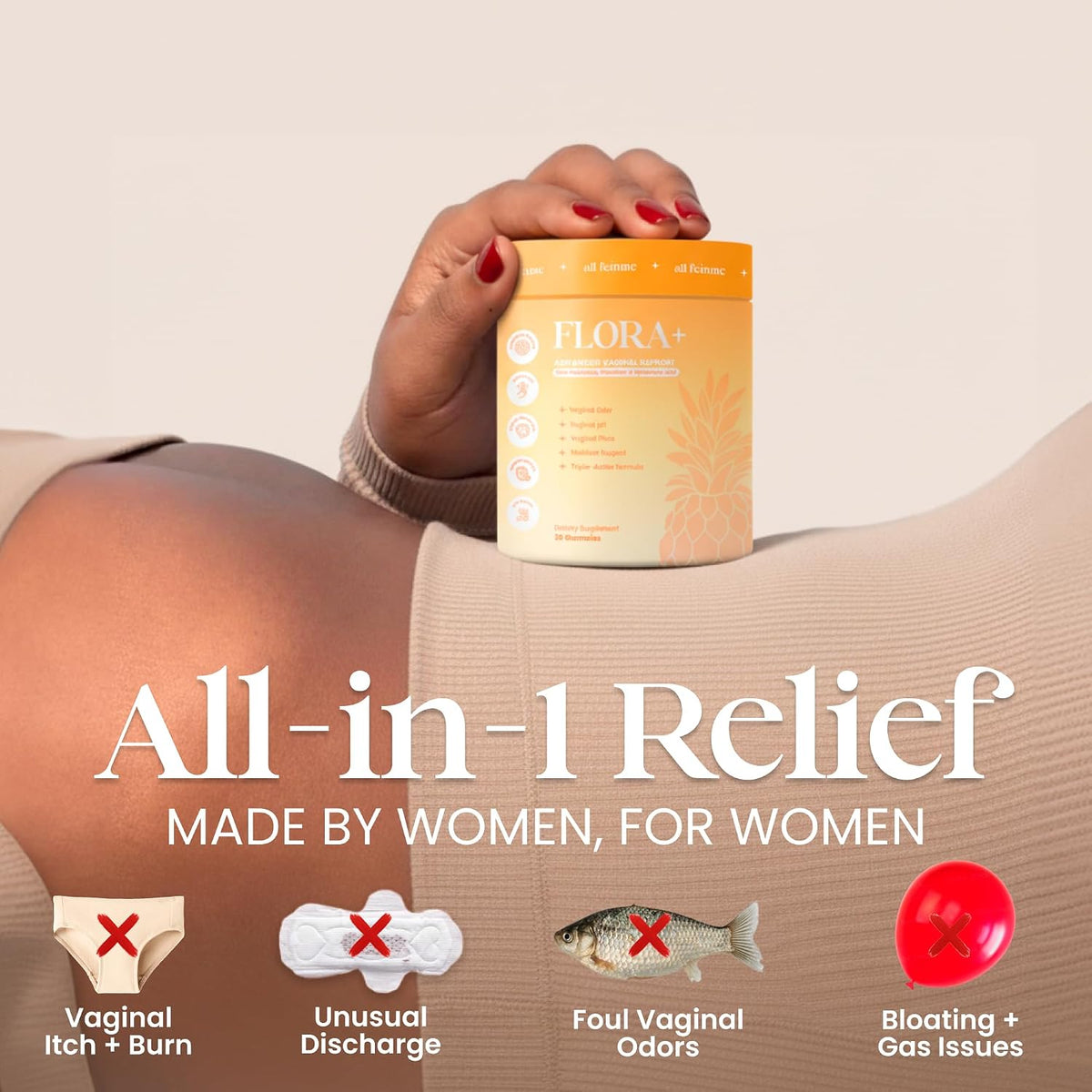 ALLFEMME Flora+ pH Balance Vaginal Probiotic Gummies for Women – Pineapple | Prebiotics & Hyaluronic Acid · Feminine Odor and Freshness Support · Sugar Free · Vegan · Non-GMO · Gluten Free · 30 Gummies