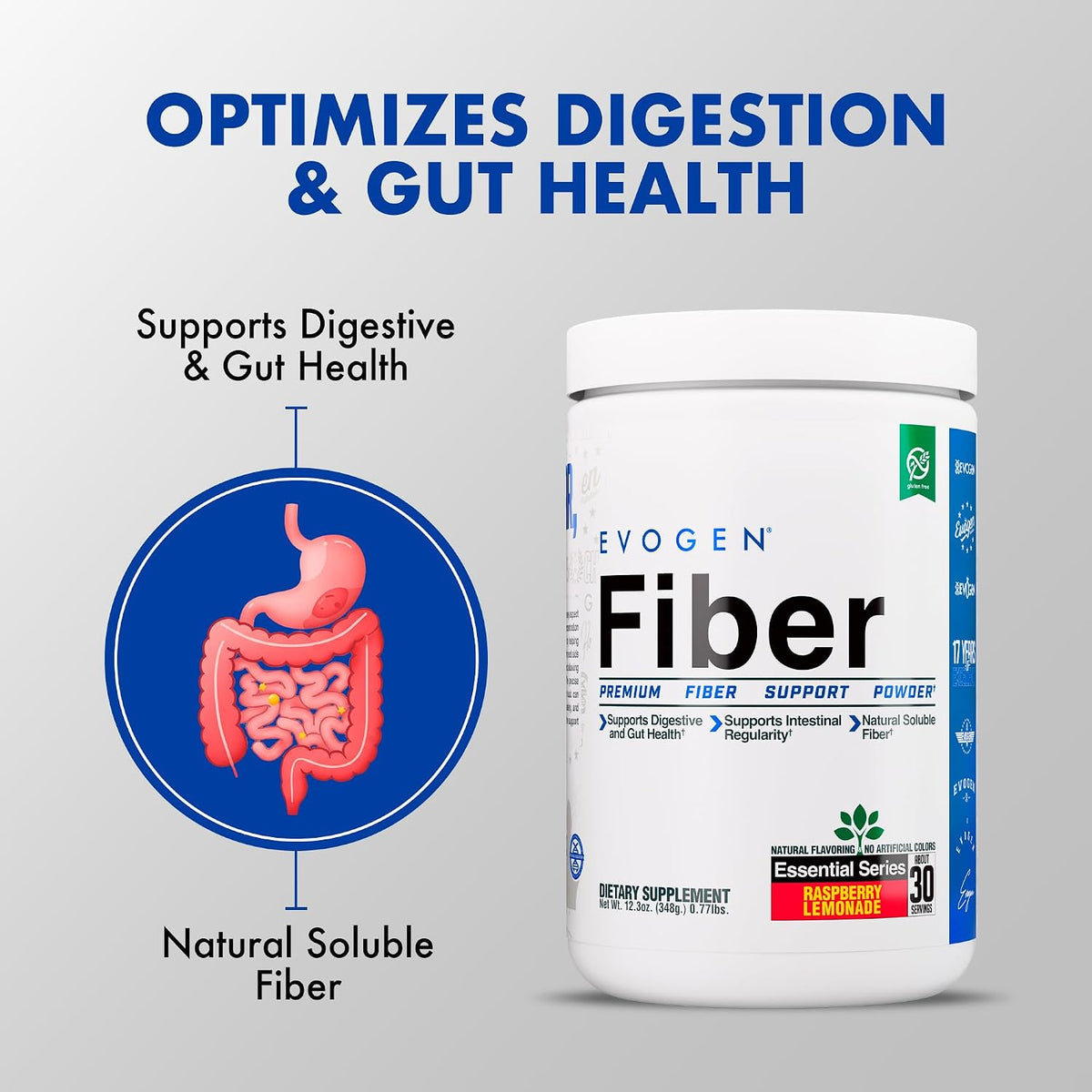 Evogen Fiber Powder | Gut Health | Natural Raspberry Lemonade | 30 Servings | Psyllium husk, inulin and digestion-resistant maltodextrin to ease bloating and support regularity; keto, low-carb friendly
