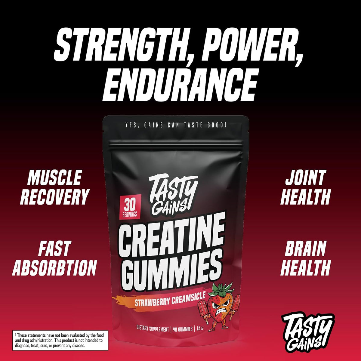 TASTY GAINS Creatine Gummies - 90g of Creatine Monohydrate - Workout Supplements - Build Muscle & Boost Strength for Men & Women - Made in USA - Non GMO - (Large, Strawberry Creamsicle Flavor)