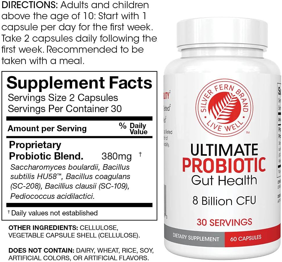 Silver Fern Gut Health Tune-Up Kit - Multi-Function Ultimate Probiotic | (1 Bottle - 60 Capsules) & Digestive Enzyme (1 Bottle = 90 Capsules) Helps Digestive Health, Mood, Reduce Cravings