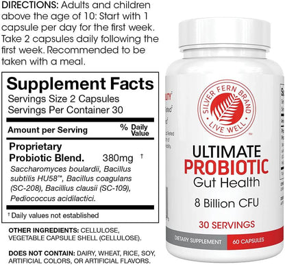 Silver Fern Gut Health Tune-Up Kit - Multi-Function Ultimate Probiotic | (1 Bottle - 60 Capsules) & Digestive Enzyme (1 Bottle = 90 Capsules) Helps Digestive Health, Mood, Reduce Cravings