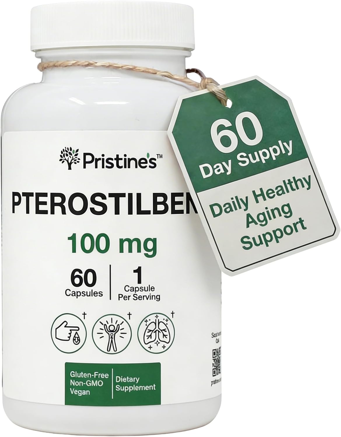 PRISTINE'S Pterostilbene 100mg Healthy Aging Capsules, Vegan, 60 Day Supply | Antioxidant and healthy aging support in a focused polyphenol capsule. 60 day supply, vegan, non-GMO, gluten-free glass.