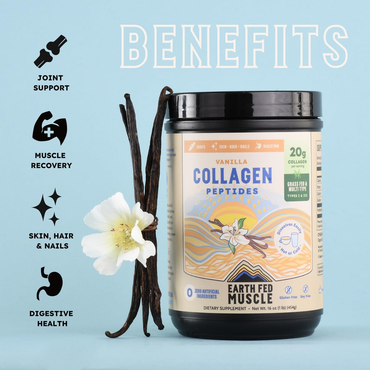 Earth Fed Muscle Collagen Peptides, Unflavored, 23 Servings | Third-Party Certified, 20g Protein, Grass Fed, Non-GMO, Hormone Free, Gluten Free, Multi-Type