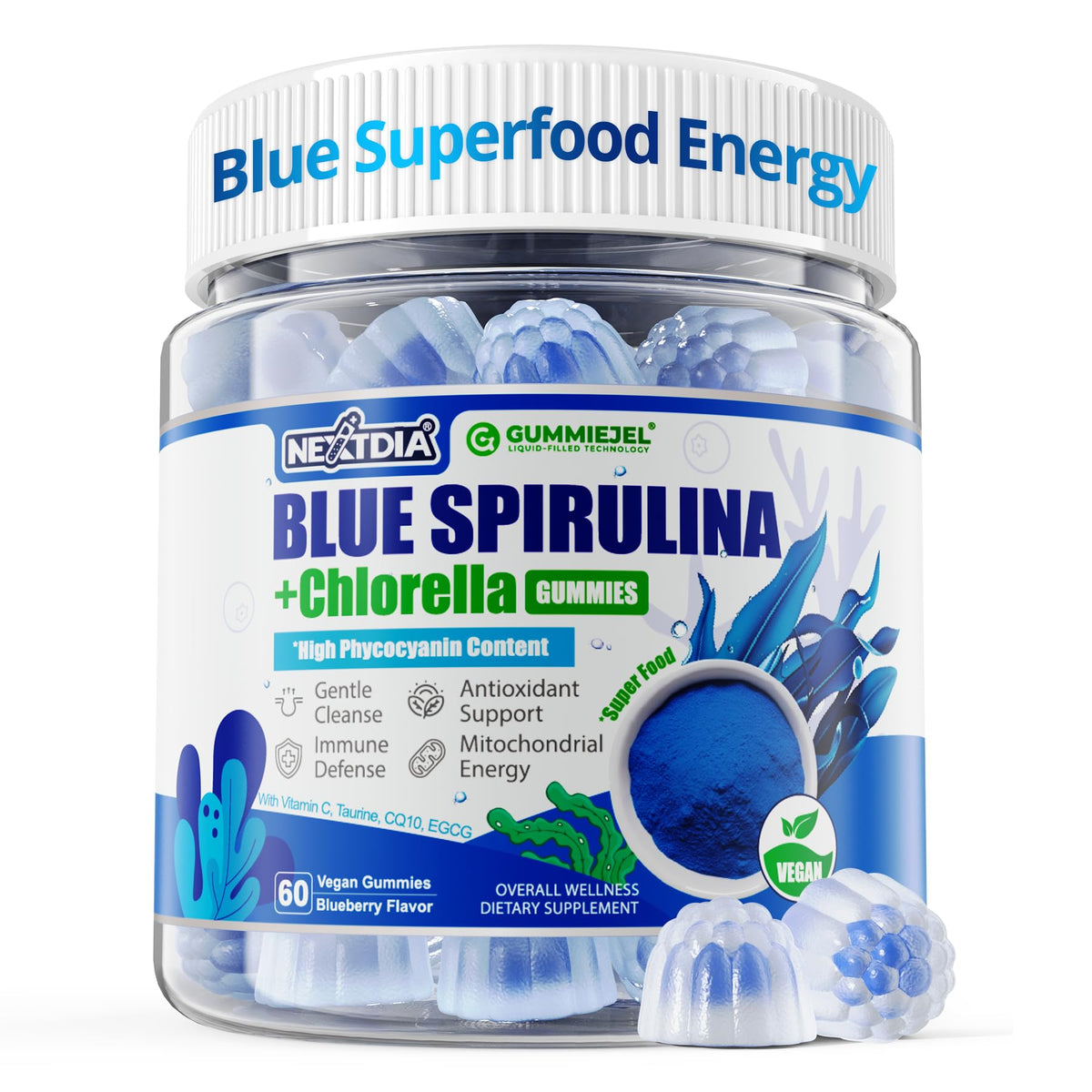 Organic Blue Spirulina Gummies, High Phycocyanin from Nutrient-Rich Blue-Green Algae for Antioxidants, Cellular Energy & Cleanse, Superfood w/Chlorella, CoQ10 & VC,Taurine,Green Tea, Sugar Free, 60 Ct