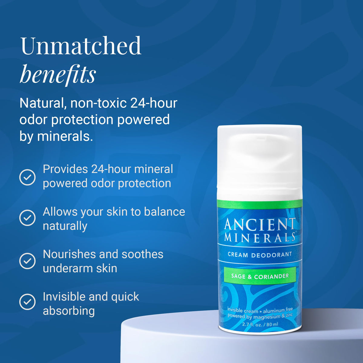 Ancient Minerals Deodorant Cream, Aluminum-Free, Eucalyptus & Mint, 2oz | Magnesium, zinc & vitamin E. Vegan, 24-hour odor protection, Eucalyptus & Mint scent. 2 oz.