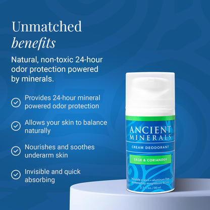 Ancient Minerals Deodorant Cream, Aluminum-Free, Eucalyptus & Mint, 2oz | Magnesium, zinc & vitamin E. Vegan, 24-hour odor protection, Eucalyptus & Mint scent. 2 oz.
