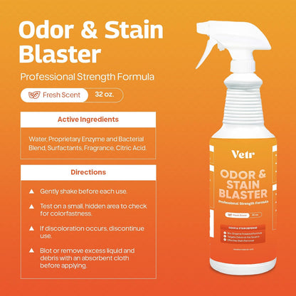 vetr Pet Odor & Stain Blaster - Enzyme Pet Stain & Odor Removal Spray - 32 oz Bottle for Carpet, Upholstery & Floors - Rid of Dog & Cat Urine, Vomit & Messes