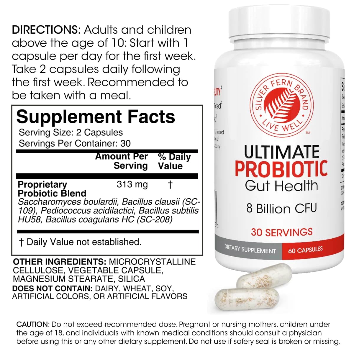 Silver Fern Brand Ultimate Probiotic - Probiotics for Women & Men | 8 Billion CFU Spore-Forming Gut Health Supplement - DNA Verified, Vegan, Shelf-Stable, High Survivability - 60 Capsules