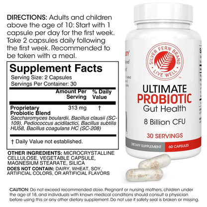 Silver Fern Brand Ultimate Probiotic - Probiotics for Women & Men | 8 Billion CFU Spore-Forming Gut Health Supplement - DNA Verified, Vegan, Shelf-Stable, High Survivability - 60 Capsules