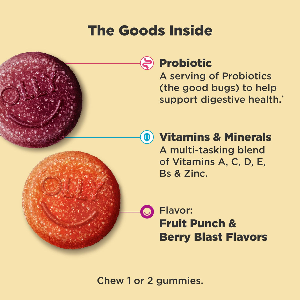 OLLY Kids Multivitamin & Probiotic Gummy, Digestive Support, Vitamins A, D, C, E, B, Zinc, Chewable Supplement, Berry Flavor, 50 day supply - 100 Count