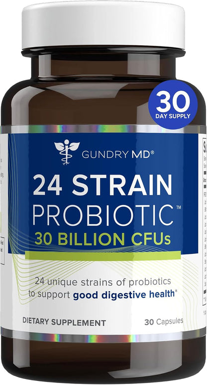 Gundry MD® 24 Strain Probiotic, 30 Billion CFU, 30 Capsules | Gut Health Support & Digestive Balance, Reduced Gas & Bloating, Lactobacillus and Bifidobacterium, 1 Daily Capsule