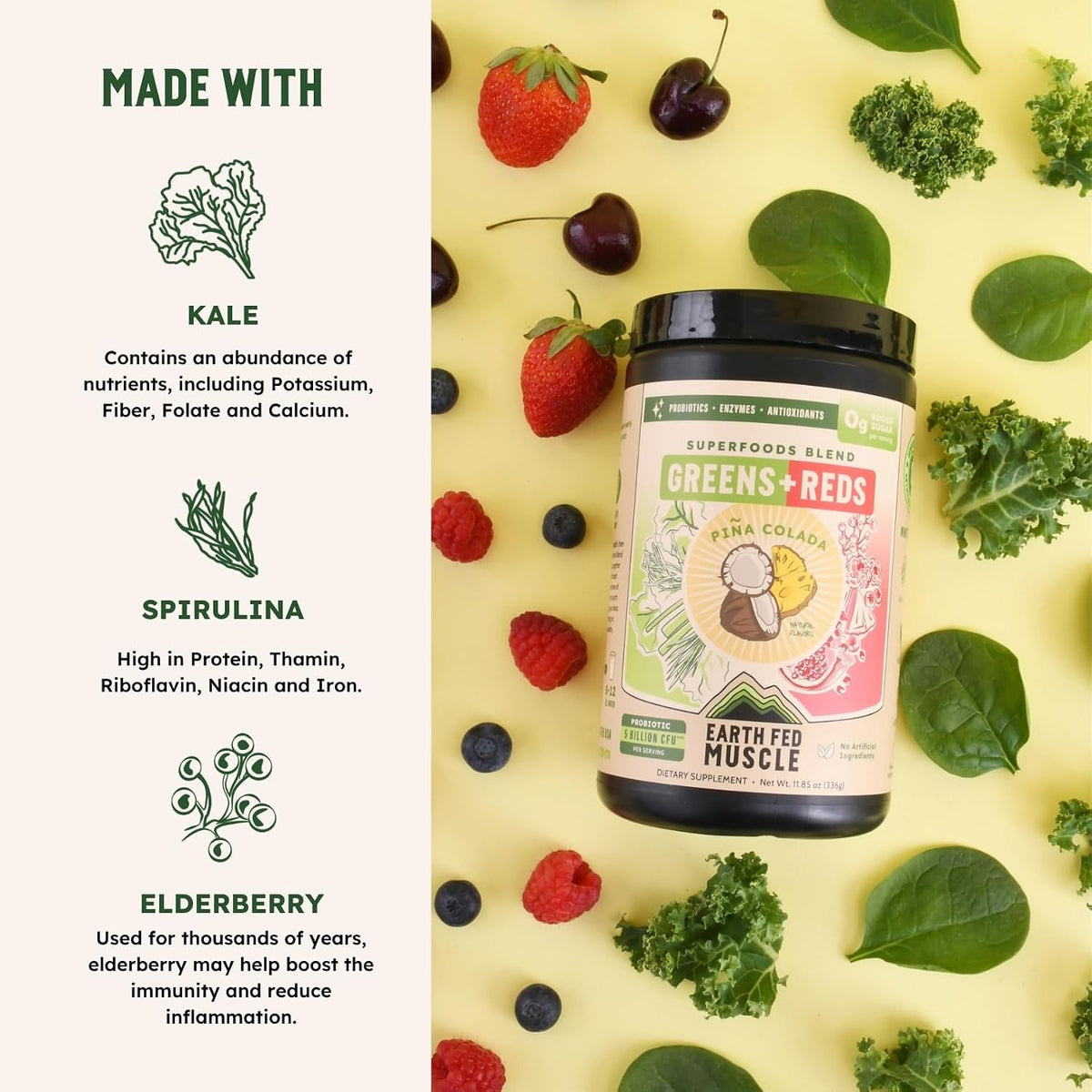 Earth Fed Muscle Greens and Reds Superfoods Blend, Piña Colada – Kale, Spirulina, Wheatgrass & Elderberry – Antioxidant Support, Vitamins & Probiotics – No Artificial Ingredients – 30 Servings | Kale, Spirulina, Wheatgrass & Elderberry, Antioxidant Suppor