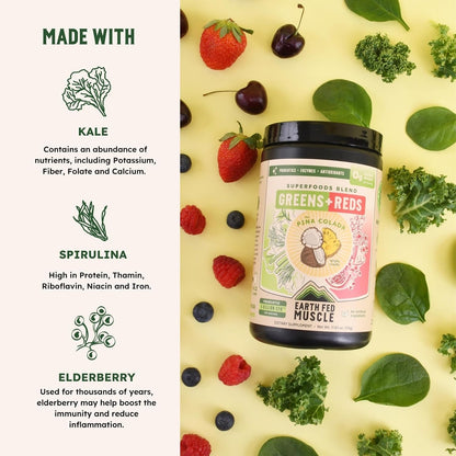 Earth Fed Muscle Greens and Reds Superfoods Blend, Piña Colada – Kale, Spirulina, Wheatgrass & Elderberry – Antioxidant Support, Vitamins & Probiotics – No Artificial Ingredients – 30 Servings | Kale, Spirulina, Wheatgrass & Elderberry, Antioxidant Suppor