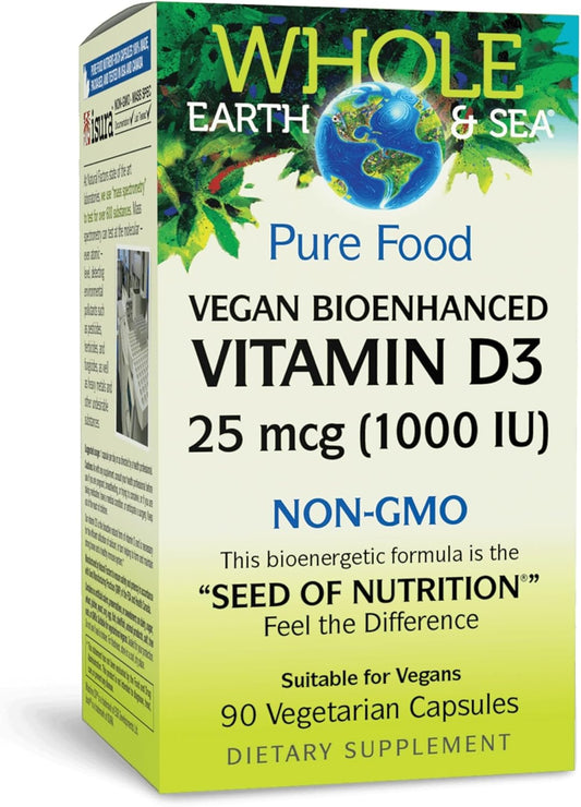 Natural Factors Whole Earth & Sea Vitamin D3 - Dietary Supplement Supports Strong Bones & Joints - Aids Calcium Absorption - Vegan & Non-GMO - 90 Vegetarian Capsules (90 Servings)