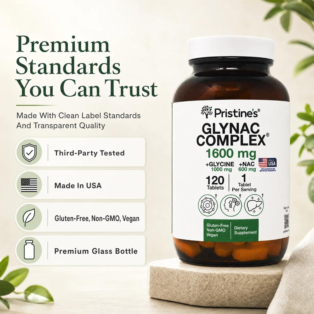 PRISTINE'S GlyNAC 1600mg Tablets, Glycine 1000mg + NAC 600mg, 120 Count | Glutathione support from glycine and NAC. Large scored tablets, 120 count, vegan, non-GMO, gluten-free, glass bottle
