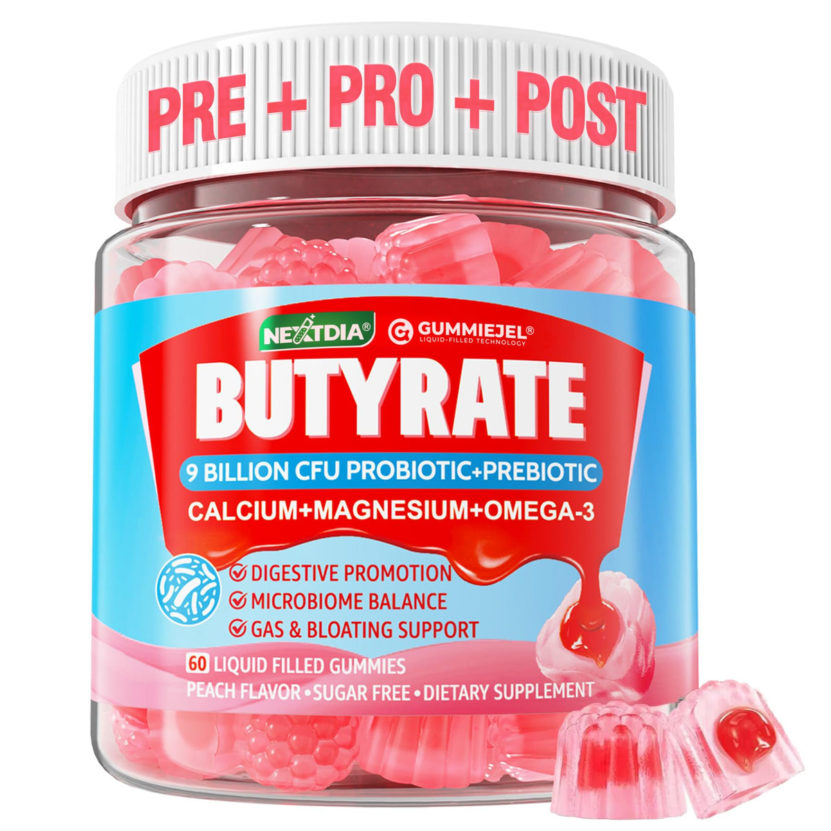 Butyrate Gummies with Probiotic + Prebiotic + Postbiotic, Omega-3 500mg,Fiber with 9 Billion CFU Probiotics, Calcium & Magnesium, Inulin,Psyllium Husk for Digestive Health,Bloating Support,Sugar Free