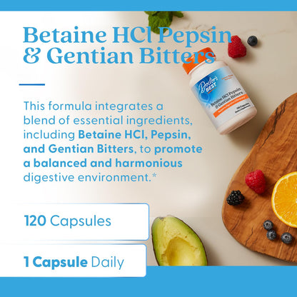 Doctor's Best Betaine HCI Pepsin & Gentian Bitters, Digestive Enzymes for Protein Breakdown & Absorption, Non-GMO, Gluten Free, 120 Caps, Original Version