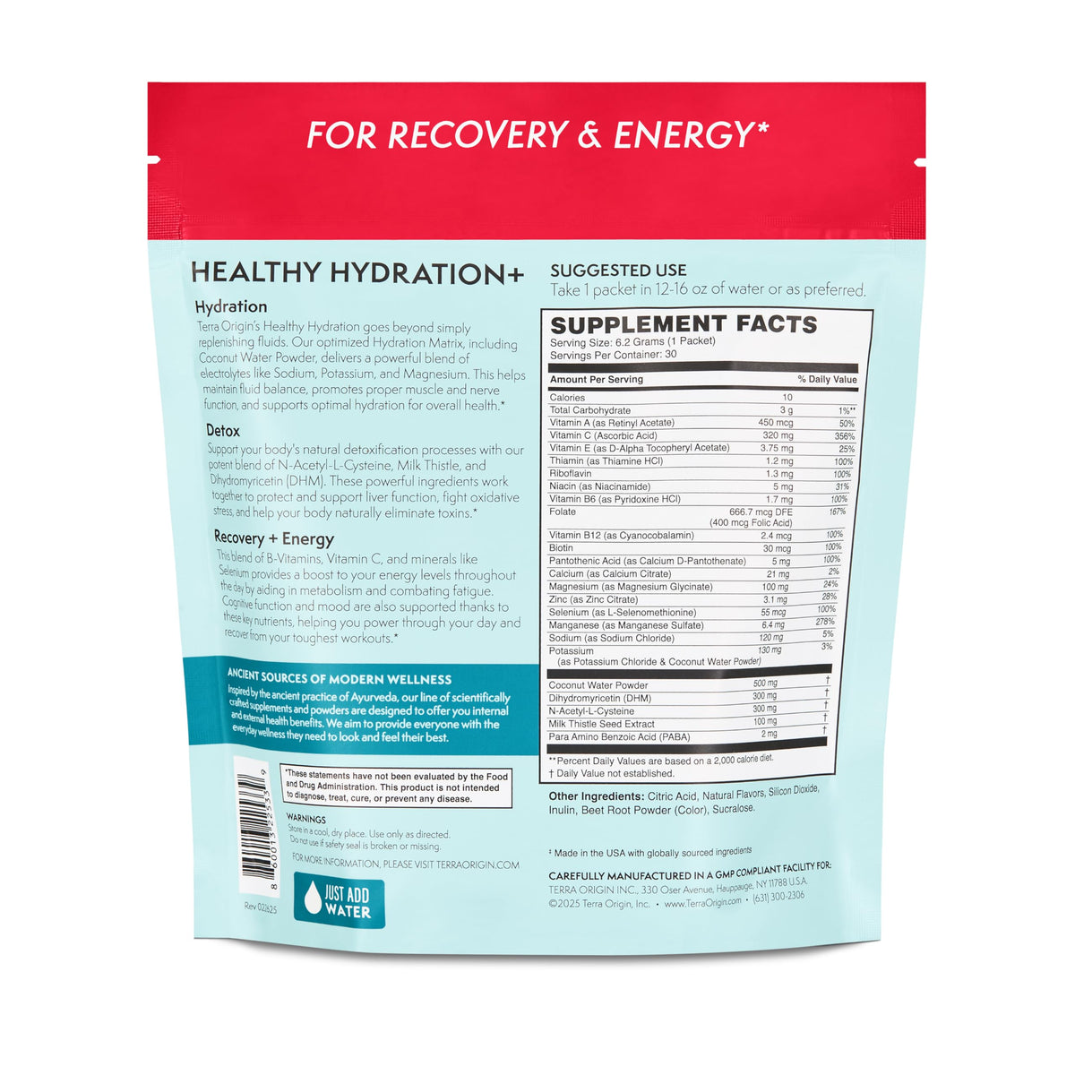 TERRA ORIGIN Healthy Hydration+ Electrolyte Powder Packets | Sugar Free, Gluten Free Drink Mix | Lemonade | 30 Servings (1-Pack)