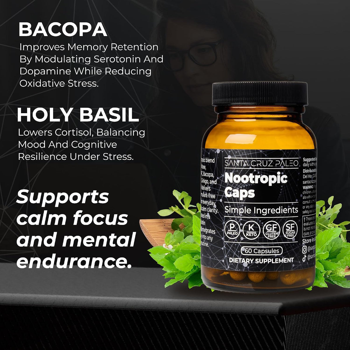 Santa Cruz Paleo Nootropic Capsules – Lions Mane, Alpha GPC, Panax Ginseng & Ginkgo Biloba for Focus, Memory, Mental Clarity & Energy – Keto, Paleo, Gluten Free Brain Supplement, 60 Caps