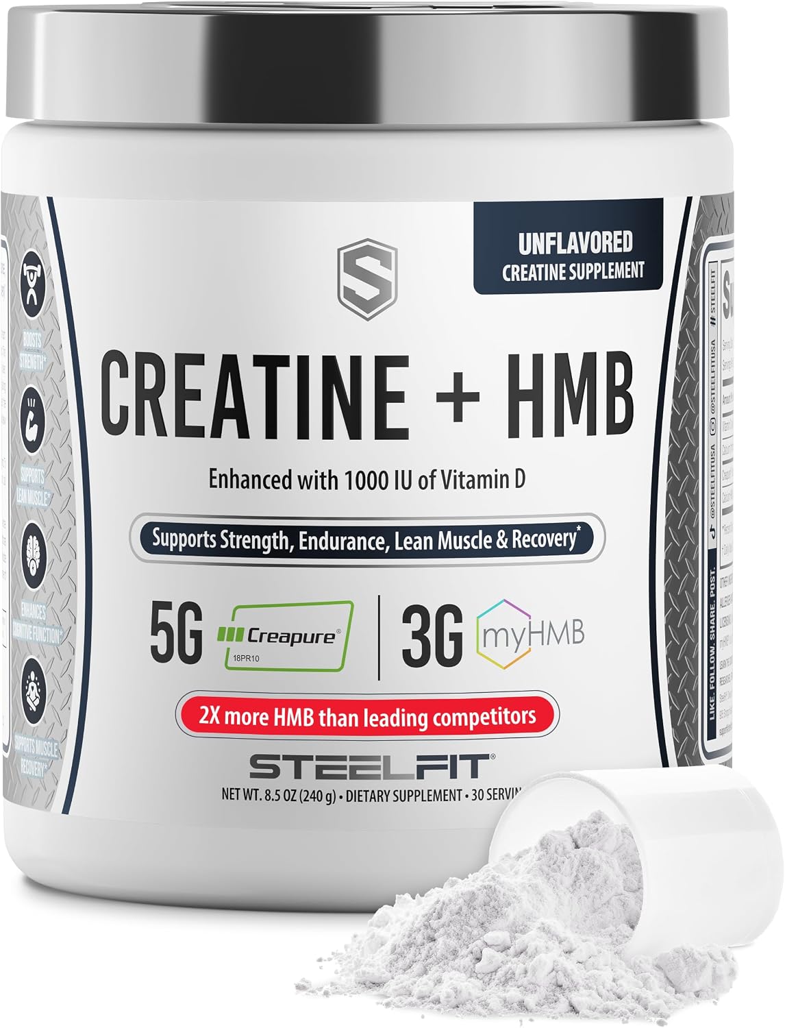 SteelFit Creatine HMB Powder - 5g Creapure Creatine Monohydrate Powder | 3g myHMB & 1000 IU Vitamin D, Workout Supplement Supports Muscle Growth, Strength, Recovery, Energy - Unflavored, 30 Servings