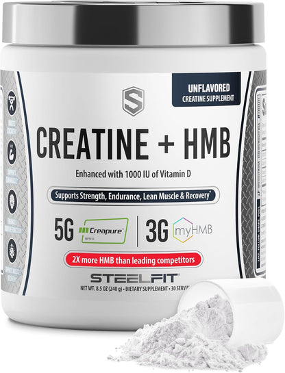 SteelFit Creatine HMB Powder - 5g Creapure Creatine Monohydrate Powder | 3g myHMB & 1000 IU Vitamin D, Workout Supplement Supports Muscle Growth, Strength, Recovery, Energy - Unflavored, 30 Servings