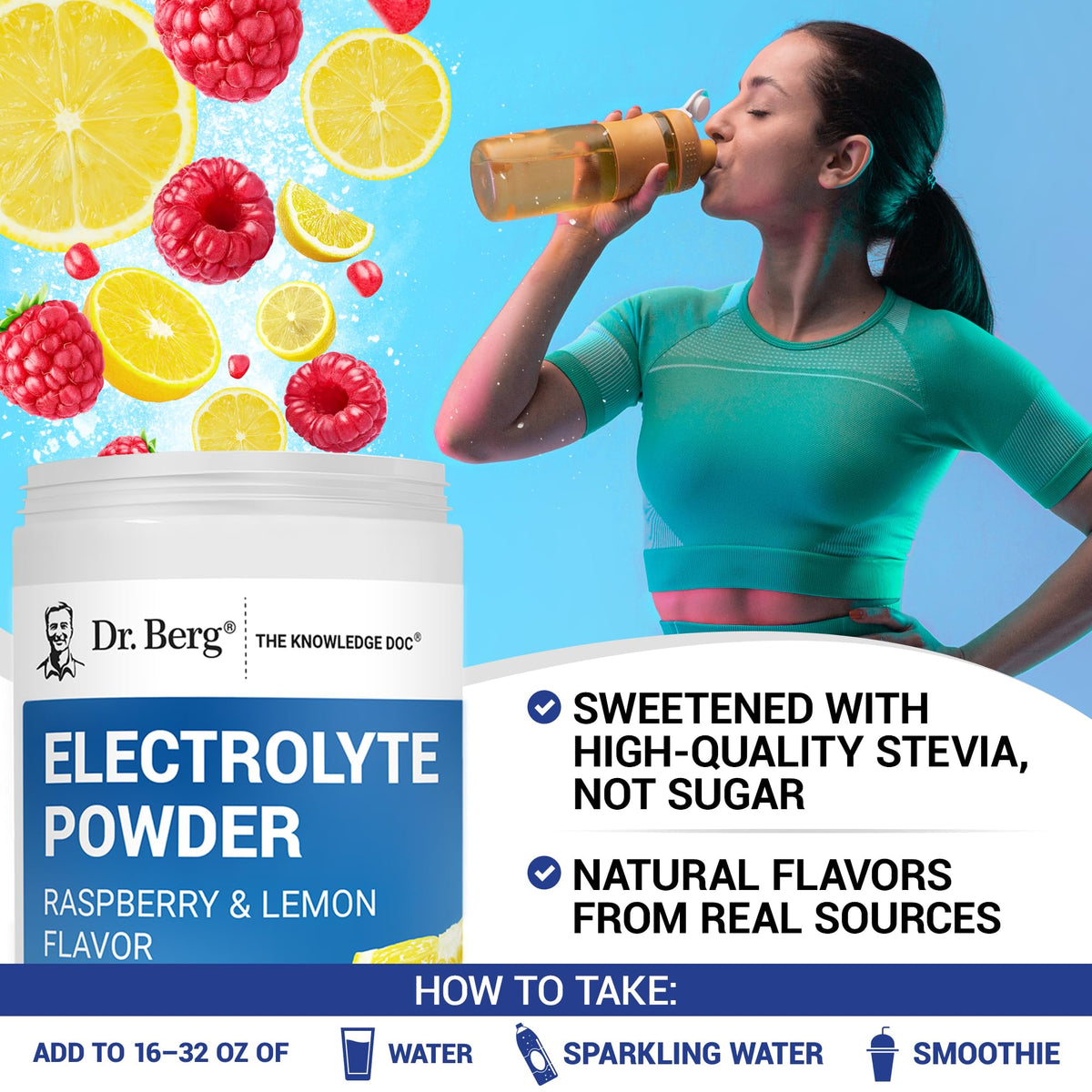 Dr. Berg Zero Sugar Hydration Keto Electrolyte Powder - Enhanced w/ 1000 mg of Potassium & Real Pink Himalayan Salt (NOT Table Salt) - Raspberry & Lemon Flavor Hydration Drink Supplement, 100 Servings