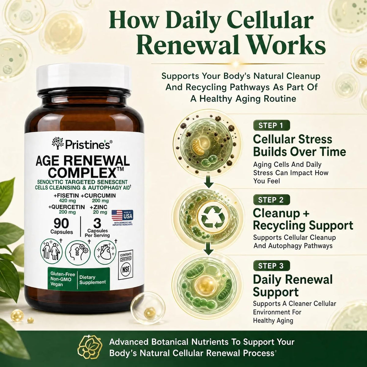 PRISTINE'S Age Renewal Senolytic Autophagy Capsules, NSF Certified, Vegan | Fisetin, quercetin, curcumin and zinc for healthy aging routines. NSF Certified, vegan, non-GMO, gluten-free, 30 servings