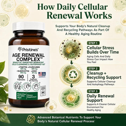 PRISTINE'S Age Renewal Senolytic Autophagy Capsules, NSF Certified, Vegan | Fisetin, quercetin, curcumin and zinc for healthy aging routines. NSF Certified, vegan, non-GMO, gluten-free, 30 servings