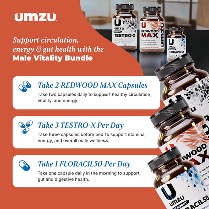 UMZU Redwood Max Floracil50 Testro-X Men’s Wellness Bundle Nitric Oxide Booster Circulation Support Probiotic Gut Health Formula Daily Energy Vitality Stack for Active Lifestyle Routine Support