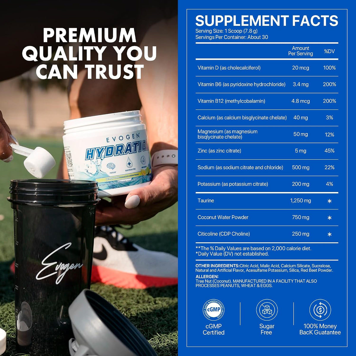 Evogen Hydration Sugar-Free Electrolytes | Lemon Lime | 30 Servings | Potassium, magnesium, sodium, calcium and coconut water with citicoline, taurine and B vitamins for energy and focus