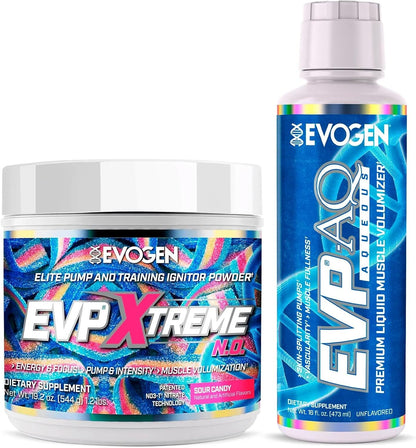 Evogen EVP Xtreme NO + EVP AQ Bundle – Pre Workout Stack for Men & Women | Energy, Pump, Vascularity & Hydration | Sugar Free | Sour Candy & Unflavored