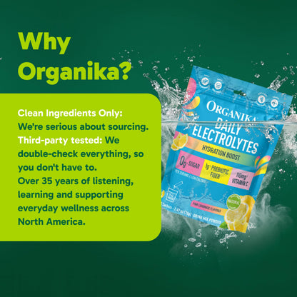 Organika Daily Electrolytes Powder Variety Pack with Vitamin C & Prebiotic Fiber – 21 Single-Serve Sachets (Lemonade, Raspberry, Pineapple Passion Fruit), Sugar-Free, Caffeine-Free