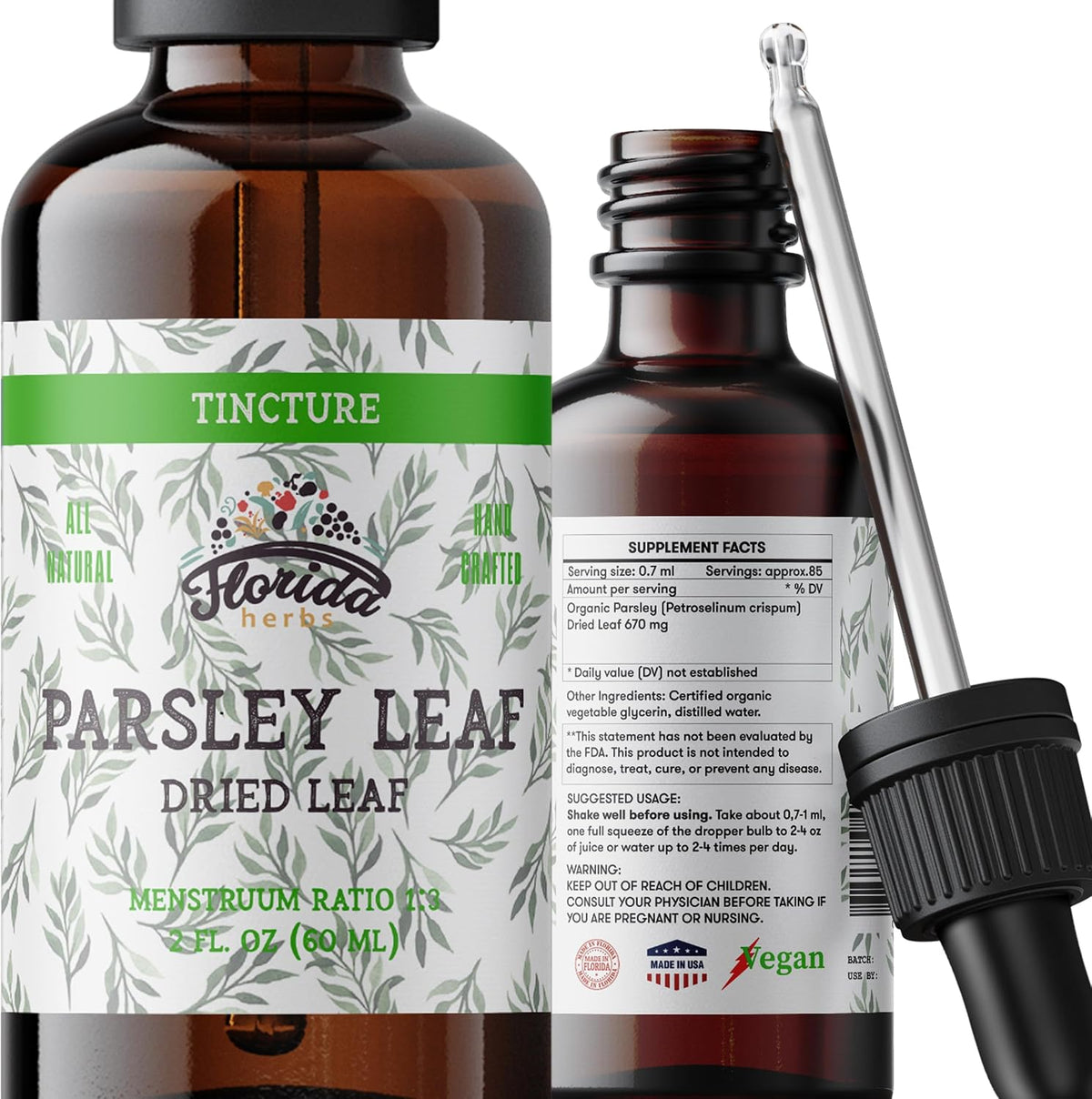 Parsley Leaf Tincture Alcohol-Free Extract, Organic Parsley (Petroselinum crispum) Dried Leaf - Non-GMO in Cold-Pressed Organic Vegetable Glycerin - 2 Oz