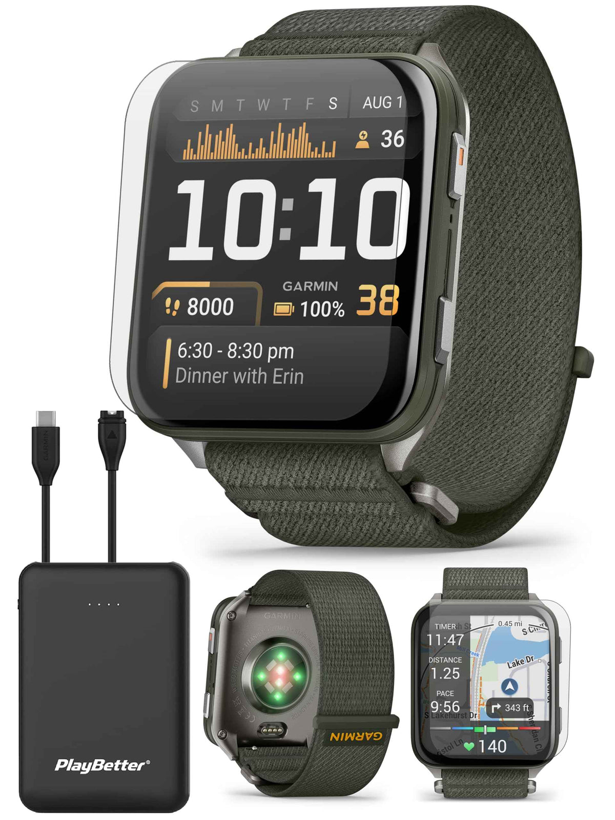 PlayBetter Garmin Venu X1 (Moss/Titanium) Fitness GPS Smartwatch Bundle - 2" Thin AMOLED Display, Advanced Health and Fitness 5000mAh Portable Charger & HD Screen Protectors